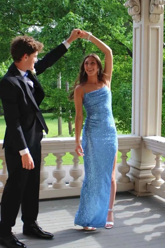 Sparkly Sheath Cowl Neck Sleeveless High Slit Sequin Sky Blue Floor-Length Prom Dress