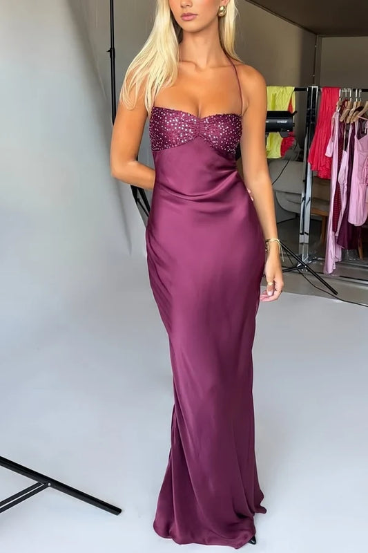 Sparkly Sheath Halter Sleeveless Sequin Bodice Satin Floor-Length Prom Dress