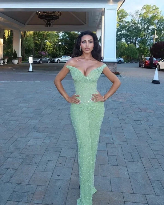 Sparkly Sheath Off-the-Shoulder Sleeveless Ruched Sequin Floor-Length Prom Dress