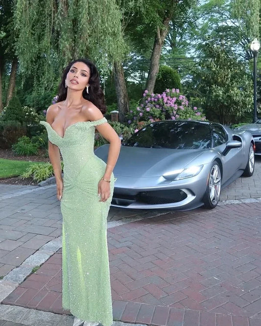 Sparkly Sheath Off-the-Shoulder Sleeveless Ruched Sequin Floor-Length Prom Dress