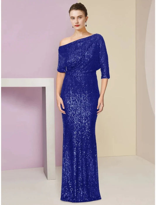 Sparkly Sheath One-Shoulder Half Sleeve Draped Sequin Blue Floor-Length Mother of the Bride Dress