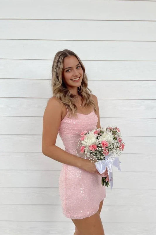 Sparkly Sheath Spaghetti Straps Sleeveless Sequin Short Party Homecoming Dress
