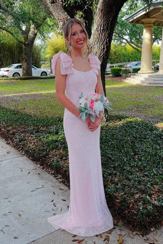 Sparkly Sheath Square Short Sleeve Ruffled Backless Sequin Blushing Pink Floor-Length Prom Dress