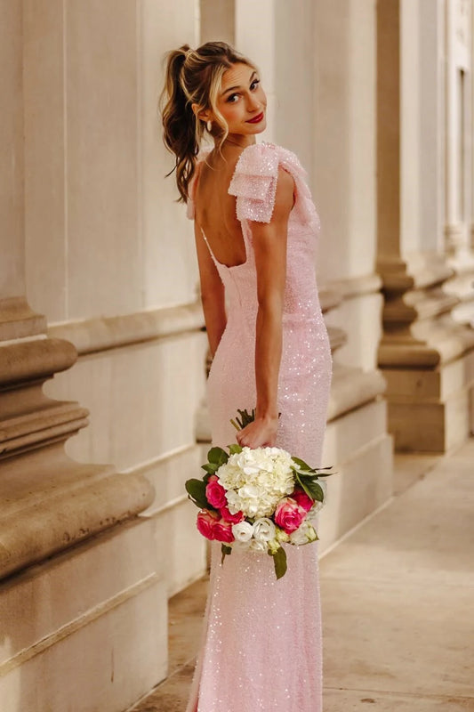 Sparkly Sheath Square Short Sleeve Ruffled Backless Sequin Blushing Pink Floor-Length Prom Dress