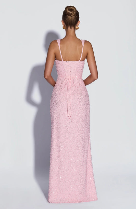 Sparkly Sheath Square Sleeveless Sequin Embellished Pink Floor-Length Prom Dress