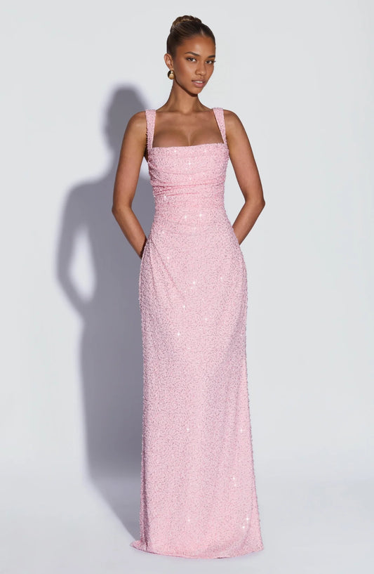 Sparkly Sheath Square Sleeveless Sequin Lace-Up Back Blushing Pink Floor-Length Prom Dress