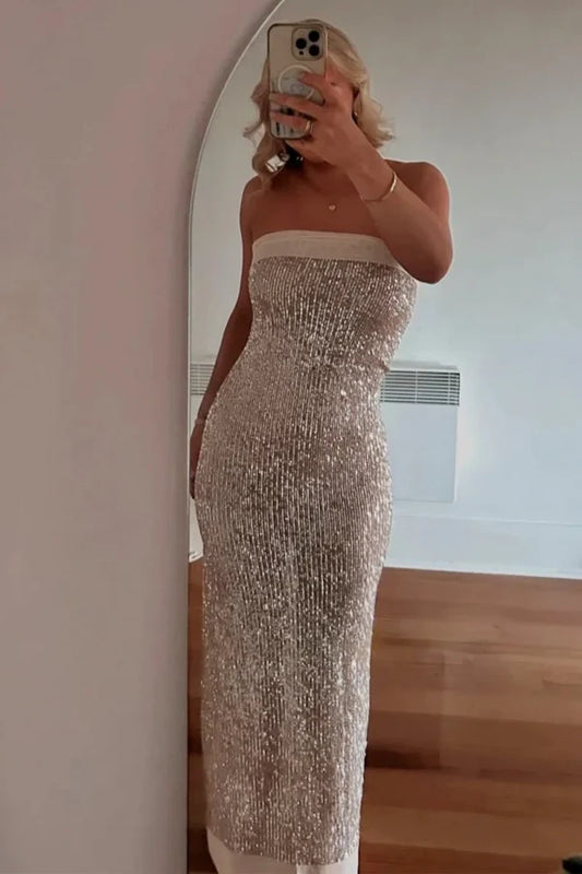 Sparkly Sheath Strapless Sleeveless Sequin Floor-Length Formal Prom Dress