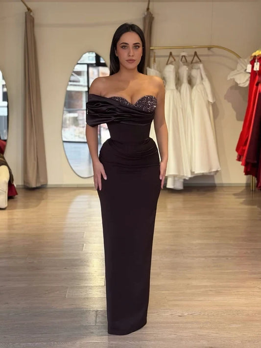 Sparkly Sheath Sweetheart One Sleeve Draped Ruched Floor-Length Evening Dress