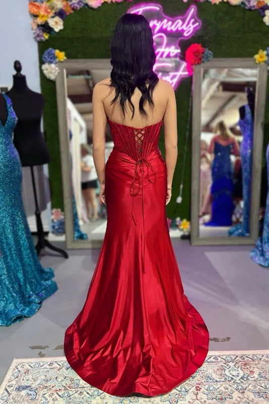 Sparkly Sheath Sweetheart Sleeveless Corset Slit Draped Satin Red Floor-Length Prom Dress