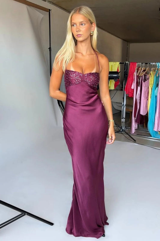 Sparkly Sheath Sweetheart Sleeveless Sequin Bodice Backless Satin Mulberry Floor-Length Prom Dress