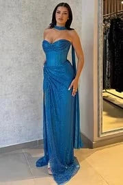 Sparkly Sheath Sweetheart Sleeveless Sequin Slit Draped Royal Blue Floor-Length Prom Dress