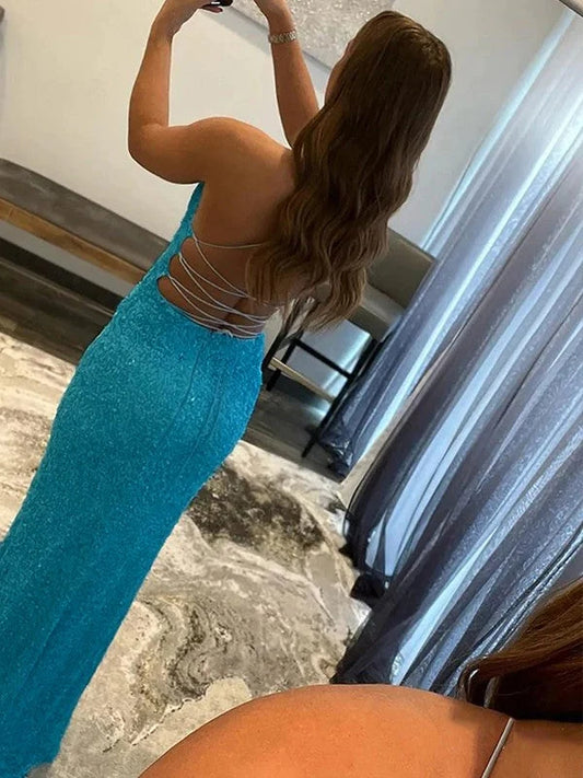 Sparkly Sheath V-Neck Sleeveless High Slit Sequin Turquoise Floor-Length Prom Dress