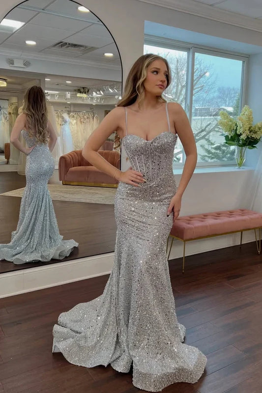 Sparkly Spaghetti Straps Mermaid Sweetheart Sleeveless Silver Sequin Long Prom Dress