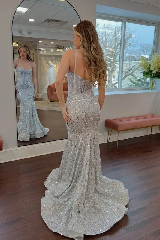 Sparkly Spaghetti Straps Mermaid Sweetheart Sleeveless Silver Sequin Long Prom Dress