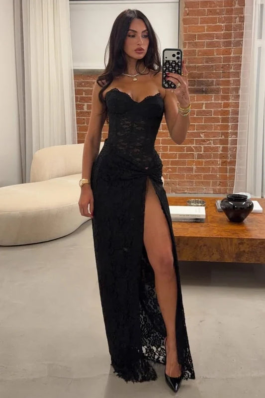 Stylish Mermaid Sweetheart Sleeveless Black Lace Floor-Length Evening Dress with High Slit