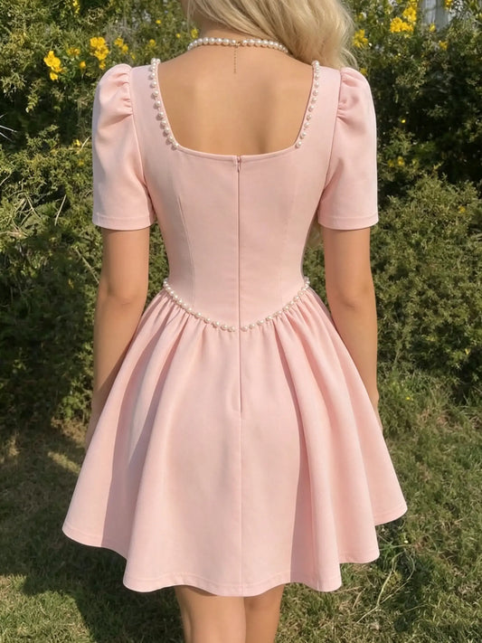 Sweet A-Line Square Neck Short Sleeve Pearl Embellished Short Party Homecoming Dress