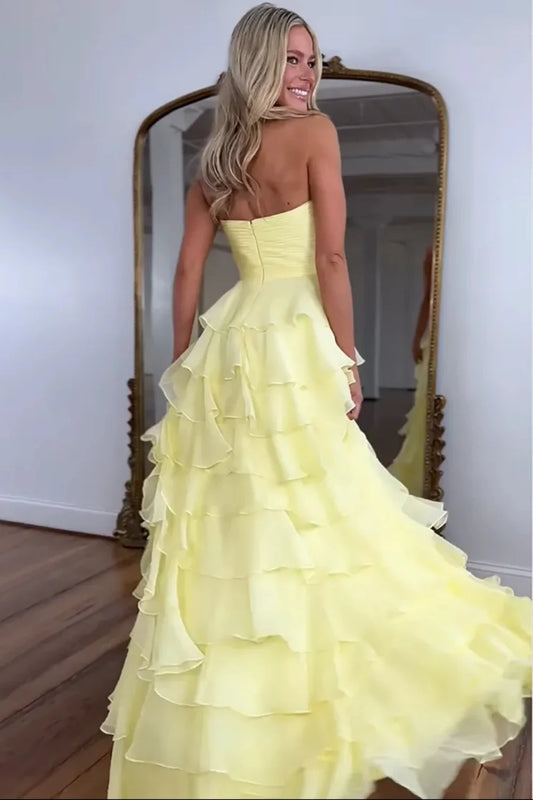 Sweet A-Line Sweetheart Sleeveless Ruffled Tieron Chiffon Daffodil Floor-Length Prom Dress