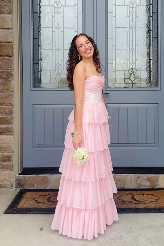 Sweet A-Line Sweetheart Sleeveless Tiered Ruffle Chiffon Pink Floor-Length Prom Dress