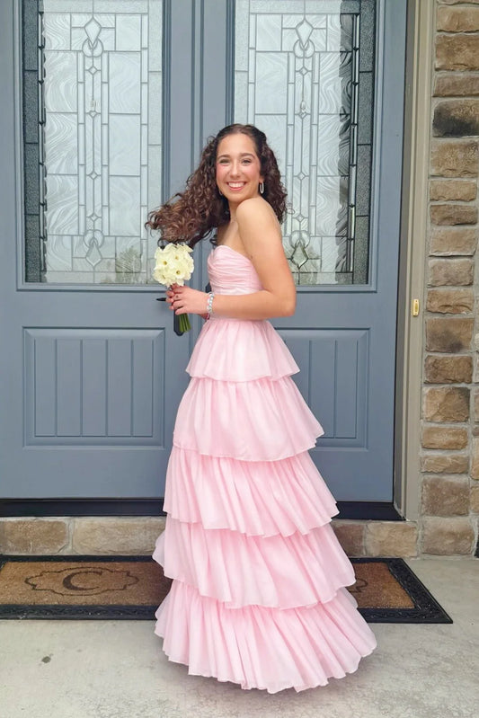 Sweet A-Line Sweetheart Sleeveless Tiered Ruffle Chiffon Pink Floor-Length Prom Dress