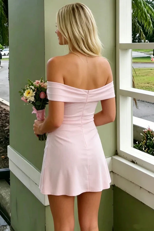 Sweet Off-the-Shoulder Sleeveless Mini Short Homecoming Party Dress With Slit