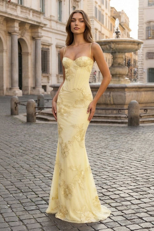 Yellow Floral Mermaid Sweetheart Spaghetti Lace‑up Long Prom Dress ViNock