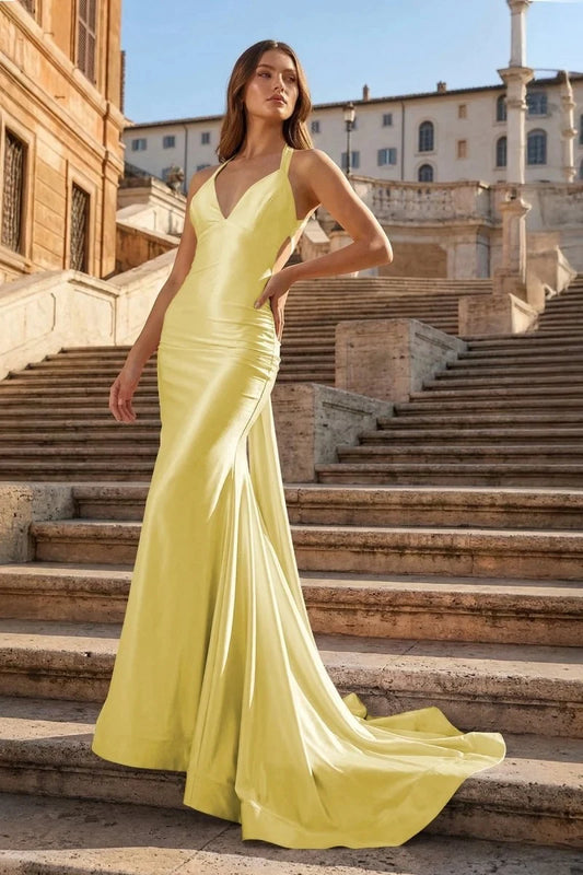 Elegant Yellow V-Neck Sleeveless Satin Mermaid Prom Dress with Open Back and Train